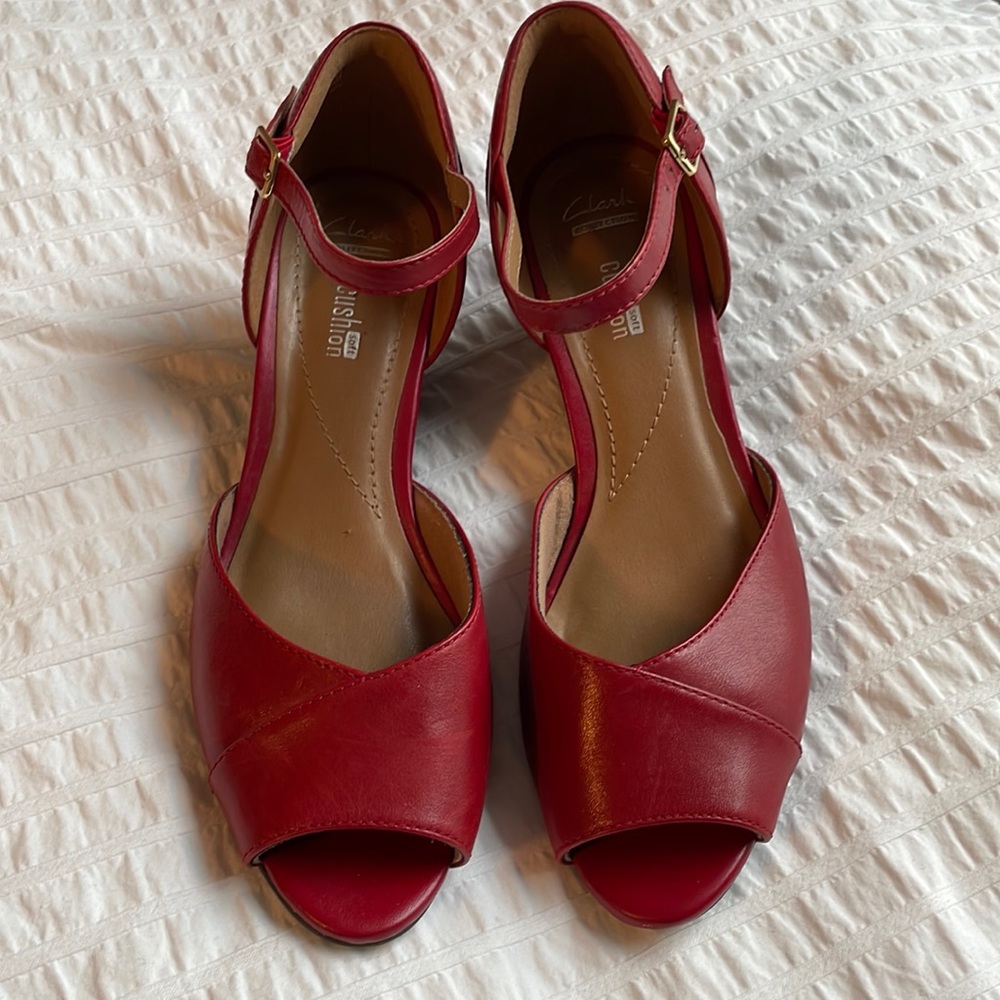 Clarks red wedge sandals